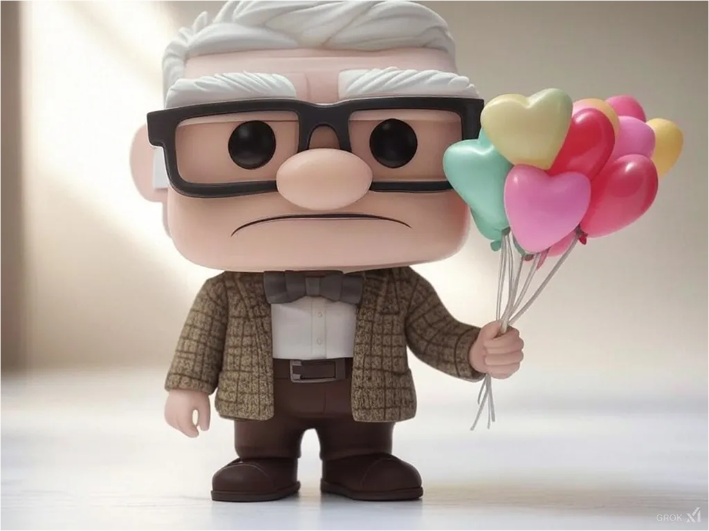 Carl Fredricksen de "Up" con Globos de Corazón – Edición San Valentín